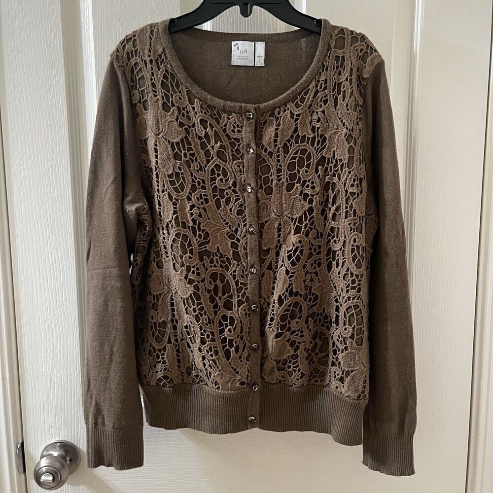 J.Jill Olive Green Floral Lace Overlay Cardigan Sweater Women's Size Small